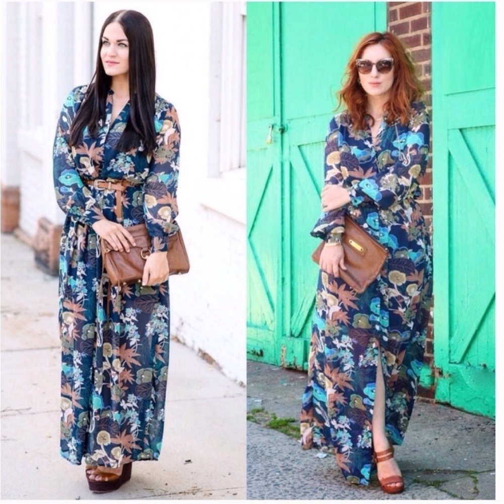 H&M CONSCIOUS Navy Blue & Green Boho Floral Button Down Chiffon Maxi Dress 2